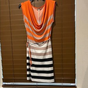 Elegant Orange and Black Striped Midi Dress
